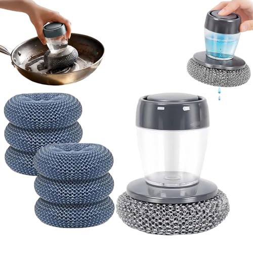 Soap Dispensing Dish Brush, Comfort Grip Kitchen Scrub Brush with Built-in Liquid Dispenser, Includes Replacement Heads, Non-Scratch Nylon/Wire Bristle, Non-Slip Handle (1 Handle, 6 Brush Heads) - color: 1 Handle, 6 Brush Heads