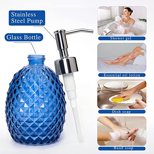 Glass Soap Dispenser with Stainless Steel Pump, 12oz Clear Dish Soap/Hand Soap/Laundry Soap/Lotion Dispenser, Refillable Liquid Dispenser for Bathroom Kitchen Shower (Blue) - color: Blue