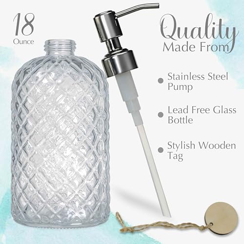 JASAI 18Oz Gem Patterned Clear Glass Soap Dispenser with Rust Proof Pump, Refillable Hand soap Dispenser for Kitchen, Premium Bathroom Soap Dispenser for Dish Soap, Hand soap, Lotion(Clear). - color: Clear