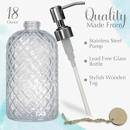 JASAI 18Oz Gem Patterned Clear Glass Soap Dispenser with Rust Proof Pump, Refillable Hand soap Dispenser for Kitchen, Premium Bathroom Soap Dispenser for Dish Soap, Hand soap, Lotion(Clear). - color: Clear