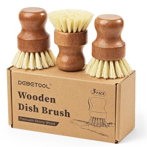 DEBETOOL 3-Pack Wooden Dish Brush - Natural Dish Scrubber & Vegetable Brush with Sisal Bristles, Kitchen Scrub Brush for Pots Pans & Vegetables