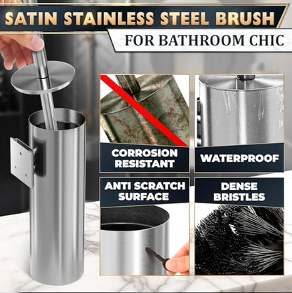 Silver Modern Toilet Brush and Holder Set with Wall Mount - Stainless Steel Toilet Brush with Holder - Removable Inner Bowl, Shiny Design, Splash Protection & Dense Bristles for Bathroom Cleaning - color: Silver Wall-mounted