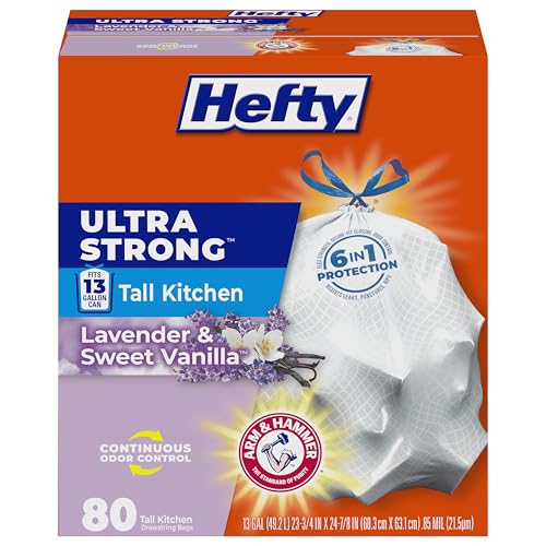 Hefty Ultra Strong 13 Gallon Trash Bags, Tall Kitchen, Drawstring Closure, Odor Control, White, Lavender, Sweet Vanilla, 80 Count - size: 80 Count (Pack of 1)