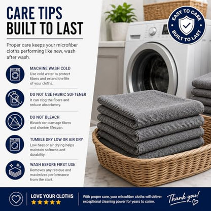 Iron Ridge Microfiber Cleaning Cloths 6-Pack, Gray, 12x12, 300 GSM | Reusable, streak-free performance for glass, kitchens, vehicles, electronics, workspaces, and everyday tasks - color: Gray