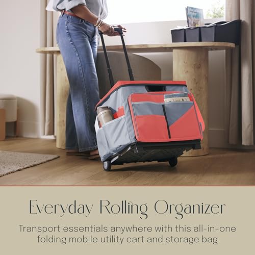 Mobile Folding Utility Cart with Canvas Storage Organizer Bag, Rolling Cart, Red/Grey - color: Red/Grey