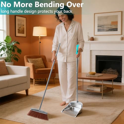 Stainless Steel Broom and Dustpan Set, 2-Piece, Long Handle Standing Design with Comb Teeth, Heavy Duty Windproof Upright for Home, Kitchen, Indoor Outdoor Use (Silver Teeth) - color: Silver Teeth