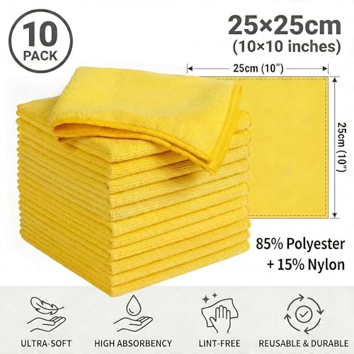 Microfiber Cleaning Cloth 10 Pack, 9.8 x 9.8 Inch Towels, Ultra Absorbent & Lint-Free, Streak-Free Rags for Car, Kitchen, Window & Household, Reusable Washable Cleaning Cloths (Yellow) - color: Yellow