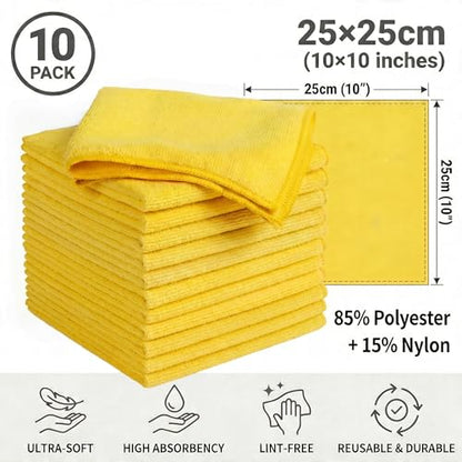Microfiber Cleaning Cloth 10 Pack, 9.8 x 9.8 Inch Towels, Ultra Absorbent & Lint-Free, Streak-Free Rags for Car, Kitchen, Window & Household, Reusable Washable Cleaning Cloths (Yellow) - color: Yellow