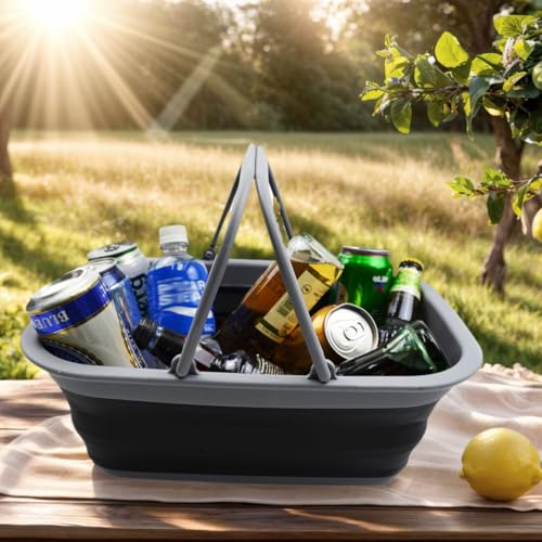 SAMMART Collapsible Washing Tub with Handles 9.2L (2.37Gallon) - Portable Outdoor Picnic Basket/Crate - Foldable Space Saving Storage Container for Dishing, Camping & Home (1, Dark Grey/Black) - color: Dark Grey/Black