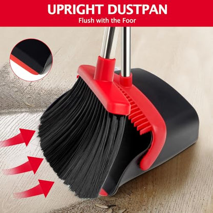 Broom and Dustpan Set with Long Handle, Heavy Dust Broom and Dustpan Combo for Home，Kitchen, Office, Pet Hair 2PCS (Black Red) - color: Red Black 2-pack
