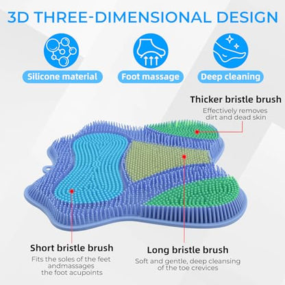 Silicone Foot Scrubber Mat for Shower Bath Foot and Back, Shower Feet Brush Pad with Wall-Mounted Suction Cups (Blue) - color: Blue