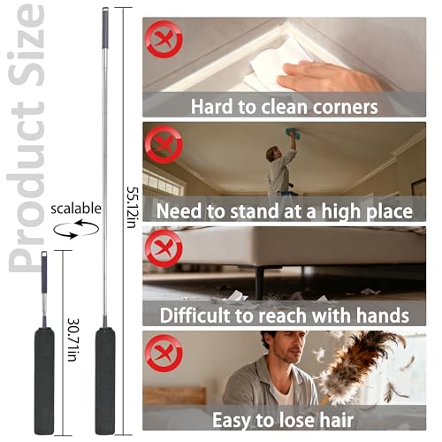 Retractable Gap Dust Cleaner Under Appliance Cleaning Tool with 5 Microfiber Dusting Cloths - Extendable Long Handle Flat Duster for Under Refrigerator Couch Bed Furniture