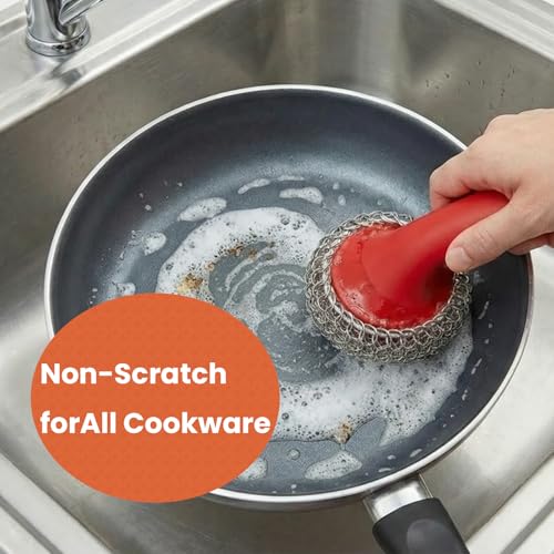 Cast Iron Scrubber with Long Handle | 316 Cast Iron Cleaner Chainmail Scrubber for Cast Iron Pan Skillet Cleaner - Dish Scouring Pad Dishwasher Safe Cleaning Kit (Red, 1 Scrubber + 1 Scraper) - color: Red, 1 Scrubber + 1 Scraper