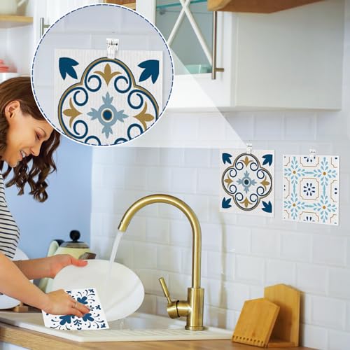 Needbrock 6 Pack Swedish Dishcloths for Kitchen,Swedish Rags Dish Towels with Clips, Reusable Paper Towels Washable Absorbent Cellulose Sponge Cloths for Countertop Dishes Sink Kitchen - color: Geometric Style