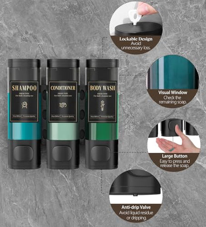 Luxspire Shampoo and Conditioner Dispenser, No Drill Wall Mounted Shower Soap Dispenser 3 Chamber with Waterproof Labels, Easy Refill Soap Dispenser for Bathroom Hotel Kitchen, Black - color: Black, size: 3 Chamber