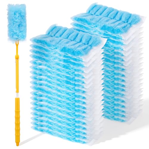 Long Duster with 60 Count Electrostatic Duster Refills, 2-Sided Blue Disposable Dusting Cloths & Adjustable Retractable Handle for Multi-Surface Cleaning, Furniture, Blinds, Ceiling Fans