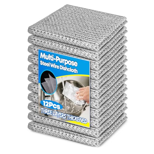 12 Pcs Multipurpose Wire Dishwashing Rag, 7.87" x 7.87" Non Scratch Wire Dishcloth, 3-Layer Steel Wool Wire Dishwashing Cloth Reusable Wire Cleaning Cloth for Cookware, Sinks, Dishes, Stove Tops