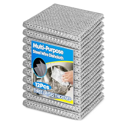 12 Pcs Multipurpose Wire Dishwashing Rag, 7.87" x 7.87" Non Scratch Wire Dishcloth, 3-Layer Steel Wool Wire Dishwashing Cloth Reusable Wire Cleaning Cloth for Cookware, Sinks, Dishes, Stove Tops