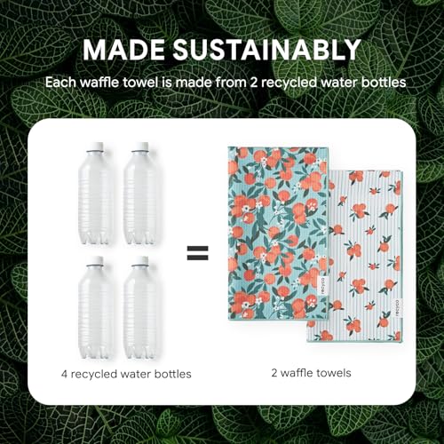 RECYCO Waffle Kitchen Towel Set of 2 - Quick Dry Microfiber Sustainable Dish Towels - Ultra Absorbent Reusable Cleaning Tea Towels - Lightweight Hand Towels,16”x 28”, Clementine Grove - color: Clementine Grove