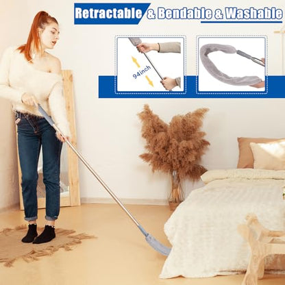 Feather Duster Set (4 Pieces), 30-100 inch Microfiber Retractable Gap Duster for Cleaning Ceilings, Furniture Refrigerators and Under Sofas | Bendable Head for Corner Cleaning, Washable Reusable Duster, Household Tool for Ceiling Furniture Under Sofa - co