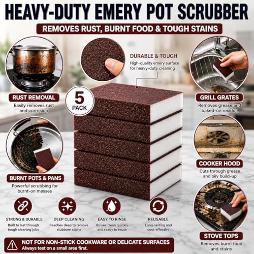 5 Powerful Pot Scrubber Cleaning Sponges, Heavy Duty Kitchen Eraser Scouring Pads, Dishwashing Oven Stove Cleaning Sponges, BBQ Grill Scrubbing Dish Cloths