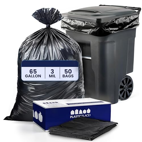 Plasticplace 65 Gallon Trash Bags │ 3.0 Mil │ Black Heavy Duty Garbage Can Liners │ 50” X 48” (50Count)