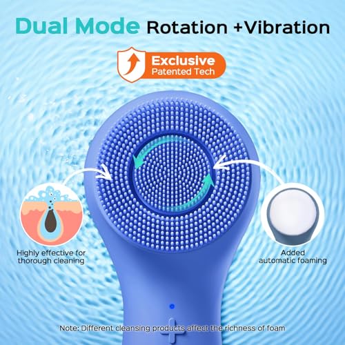 COSLUS FBS03 Face Scrubber Facial Cleansing Brush: 2 in 1 Spin and Vibration Patented, Silicone Electric Exfoliator Scrubber with Automatic Foaming, Waterproof Face Cleanser Brush for Men and Women - color: Dark Blue