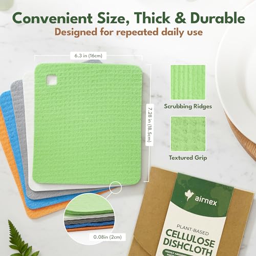 AIRNEX 5 Pack Cellulose Swedish Dishcloths for Kitchen - Eco-Conscious Reusable Dish Towels & Cloths - Super Absorbent, Odor Resistant and Fast Drying Wash Cloths for Dishes & Surfaces - size: 5 Pack