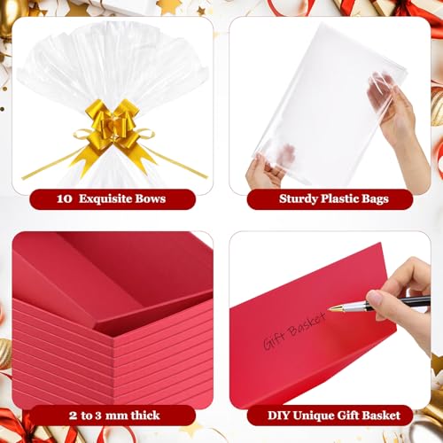 AFOROEOA 6PACK Red Baskets For Gifts Empty, 10x12”Thick Gift Basket with 6Bows 6Bags Empty Gift Baskets for Christmas, Easter, Birthdays, Valentine’s Day Wrapping Gift - color: 6PACK Red