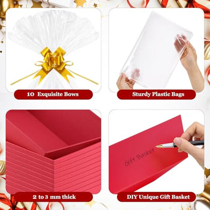 AFOROEOA 6PACK Red Baskets For Gifts Empty, 10x12”Thick Gift Basket with 6Bows 6Bags Empty Gift Baskets for Christmas, Easter, Birthdays, Valentine’s Day Wrapping Gift - color: 6PACK Red