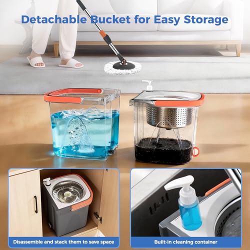 Spin Mop and Bucket Set with Wringer, Stackable Floor Mop System | Hands-Free Wringing, Stackable Storage Bucket, 360° Spin Mop Head, Washable Mop Heads