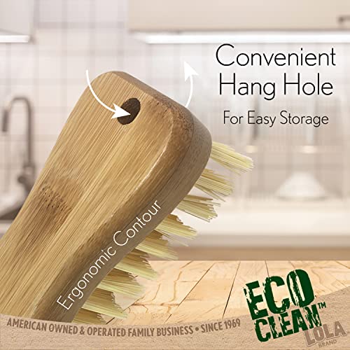 LOLA Bamboo Scrub Brush for Cleaning, Ergonomic Sustainable Durable Poly Bristles Made from Recycled Soda/Water Bottles Easy Hang Hole 1 Count