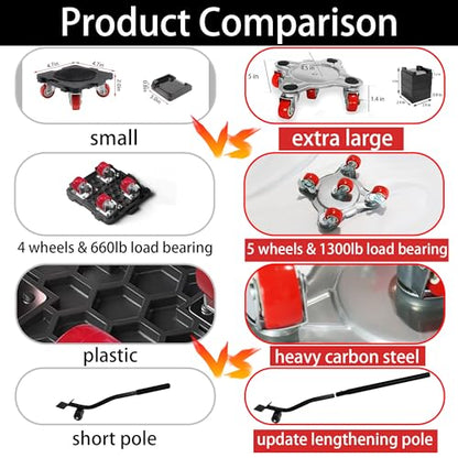 Furniture Dolly & Furniture Rollers Mover with 5 Wheels, Carbon Steel Panel Furniture Lifter Set Up to 1300LBs, for 360° Rotation Shifting Moving Heavy Duty Refrigerator, Sofa, Cabinet - size: Large