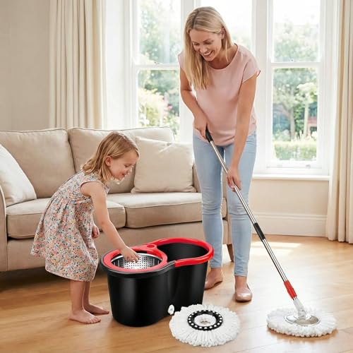 360° Spin Mop & Bucket System – 20QT Floor Cleaning Set with 3 Microfiber Mop Heads & 61" Adjustable Stainless Steel Handle for Effortless, Streak-Free Cleaning-Black - color: Black