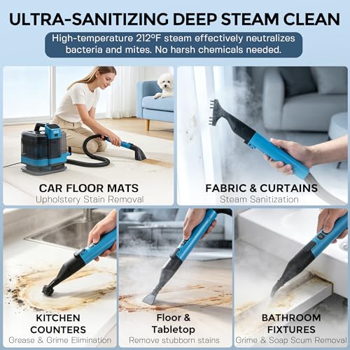 Hausmeister Hydroflex Pro Steam Portable Carpet Spot Cleaner with Steam, 1600W Upholstery Cleaner Machine, 18KPa Strong Suction, Cold/Hot/Steam Modes, Self-Cleaning, for Couch, Car Seats & Rugs