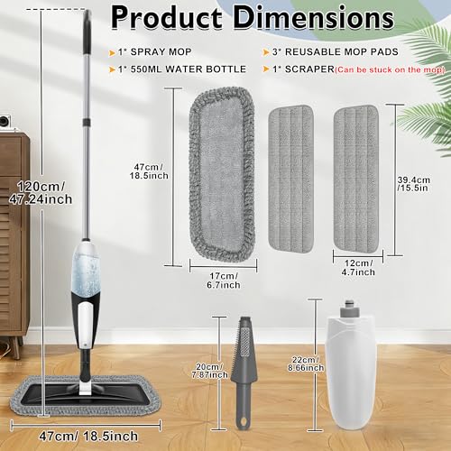 Spray Mop for Floor Cleaning: Microfiber Wet Dry Mop for Hardwood Laminate Tile Wood Vinyl, 360° Swivel Head Lightweight Flat Floor Mops with 3 Washable Reusable Pads & Refillable Bottle