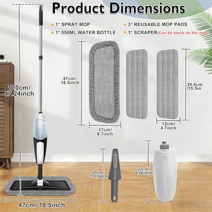 Spray Mop for Floor Cleaning: Microfiber Wet Dry Mop for Hardwood Laminate Tile Wood Vinyl, 360° Swivel Head Lightweight Flat Floor Mops with 3 Washable Reusable Pads & Refillable Bottle