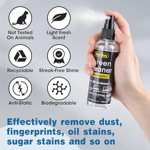 Screen Cleaner Spray 16oz (4oz x 4 Pack) - TV Screen Cleaner Spray and 2 Microfiber Cloths, Computer Screen Cleaner & Car Screen Cleaner for TV, Monitor, Laptop, MacBook, iPad