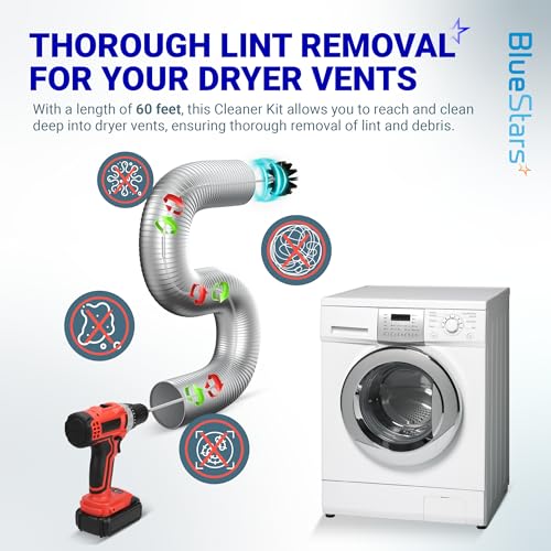 Upgraded 60-Feet Dryer Vent Cleaner Kit with Drill Attachment - Flexible Lint Remover Brush, Extends Up to 60 ft, Works with or Without Power Drill