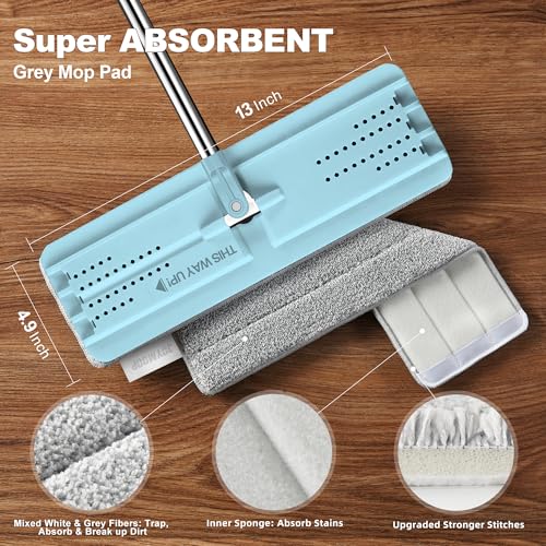 JOYMOOP Flat Mop System, Microfiber Floor Cleaning Tool, 50" Handle with 13" Flat Head, Pale Aqua, Includes Washable Microfiber Pad - color: Pale Aqua, size: 50" Mop with 13" Mop-head