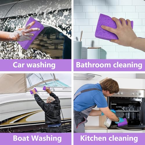Cleaning and Washing Sponge, 3 Pack Large Extra Thick Heavy Duty Sponge Multi-Purpose for Kitchen Bathroom Bike Boat Car, Natural Cellulose Sponges 4" X 6" X 2" (Purple) - color: A-purple