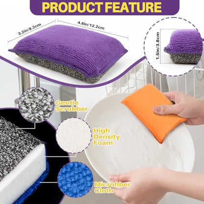 Non Scratch Microfiber Dish Scrubber - Kitchen Sponges 8 Pack Double-Sided Heavy Duty Dish Scrubber with High Density Foam for Washing Dishes, Pots & Sink Cleaning Reusable Sponge Set 4 Colors