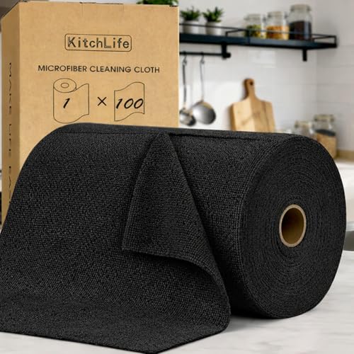 KitchLife Microfiber Cleaning Cloth Roll, 100 Pack - Tear-Away Microfiber Paper Towels, Lint-Free, Reusable, Washable for Kitchen, Car, Dishes, and Sensitive Surfaces (Black) - color: Black, size: 100 Pack