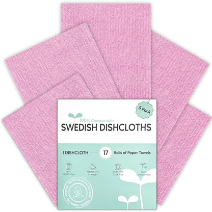 Swedish Dishcloths for Kitchen, 5 Pack Swedish Dish Cloths, Ultra Absorbent Reusable Paper Towels, Cellulose Sponge Cloths, Quick Drying, No Odor, Dishwasher Safe Pink - color: Pink