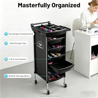 Salon Trolley Cart with Wheels, 6-Tier Beauty S-alon Cart with 4 Drawers, Space-Saving Rolling Salon Versatile Utility Cart, Open Top Floor, 110.23lbs Load-Bearing, Retractable Trays (Black) - color: Black