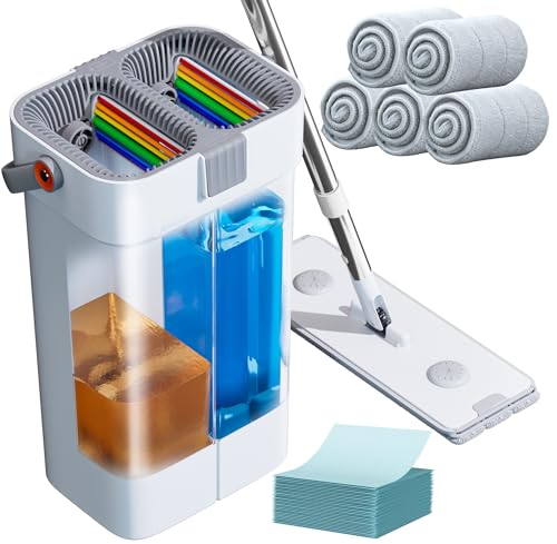 Mop and Bucket Set, Flat Mop and Bucket System, Mop Bucket with Wringer, Wall Mop with Adjustable Handle (Max 61 Inches), 5 Washable Microfiber Mop Pads
