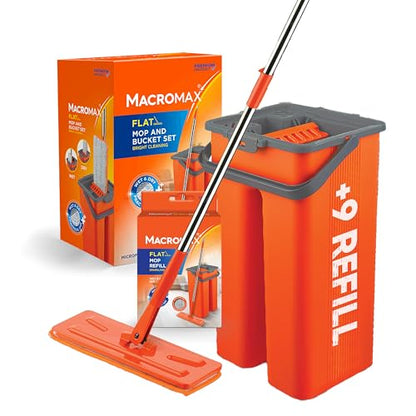 Macromax Flat Mop and Bucket Set with 9 Refills – 100% Microfiber Mop with Dual Wet & Dry Use – Slim Design for Corners & Under Furniture – Easy-Squeeze Bucket for Hardwood, Tile & Laminate Floors - style: Flat Mop set + 9 Refill