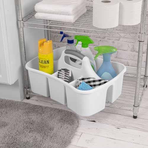 Large Divided Ultra Cleaning Caddy, White Plastic Under Sink Organizer with 4 Compartments, Curved Easy Carry Handle for Household Cleaning Supplies Storage