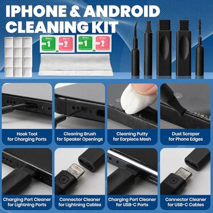 2026 Upgrade Phone Cleaning Kit 47PCS, iPhone Cleaning Kit, Airbuds AirPods Cleaning Kit, Keyboard, Charging Port Cleaner for Apple Lightning/Android USB-C - Includes Putty, Cloth & Wipes (Black) - color: Black (47PCS)