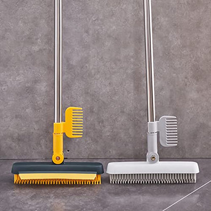 3 in 1 Floor Scrub Brush with Squeegee and Long Handle, 3 in 1 Silicone Crevice Grout Brush with 180 Degree Rotating Head for Floor Kitchen Bathroom Wall Deck Tile Cleaning - color: Yellow Green